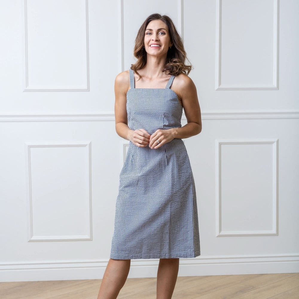 {Hope & Henry} Organic Navy Gingham Seersucker Sheath Dress